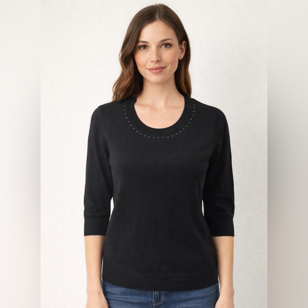 CeCe round neck sweater with 1/2 length sleeves and Pointelle neckline